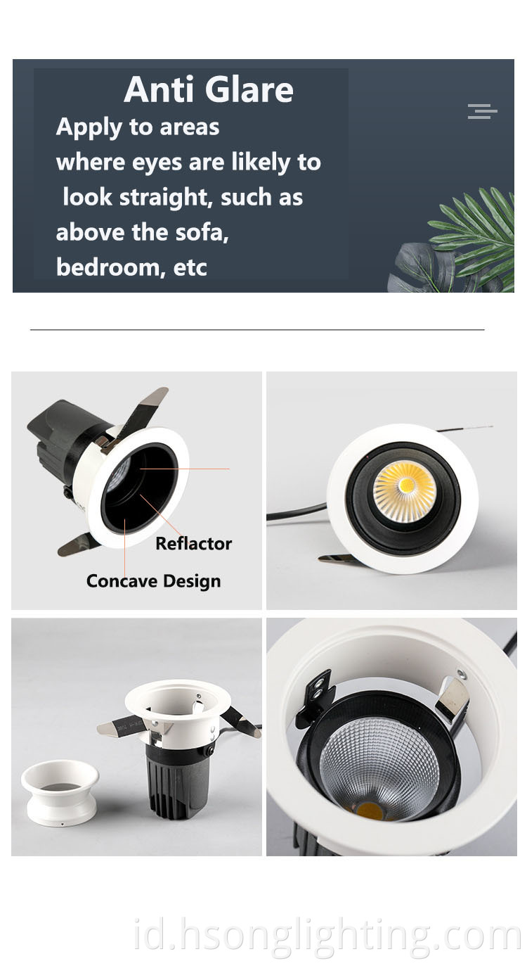 Hsong Anti Glare No Floiker LED Downlight Recesed Cob AC100-240V Untuk Aplikasi Komersial